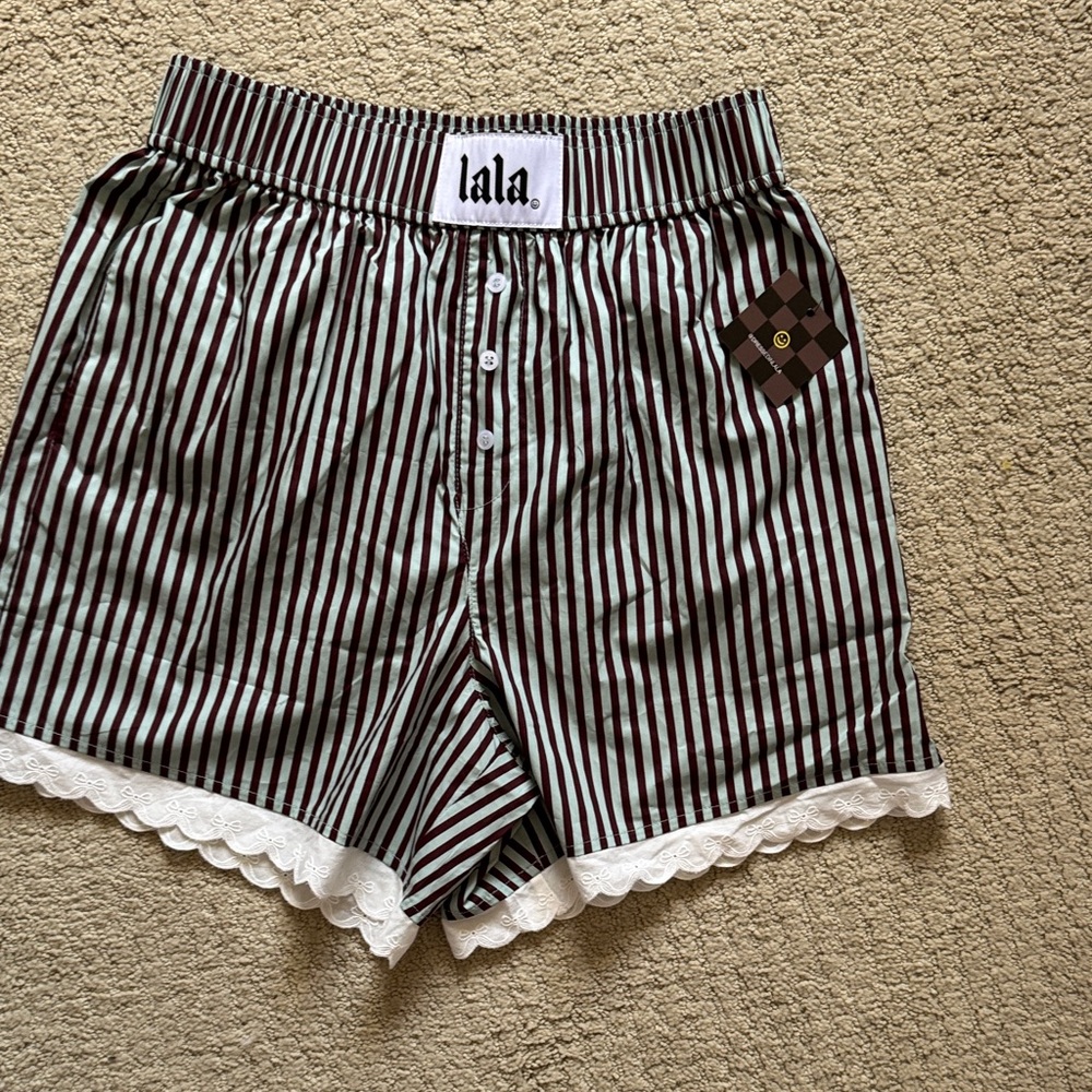 Dressed in LALA Brown and Mint Striped High Waist Shorts